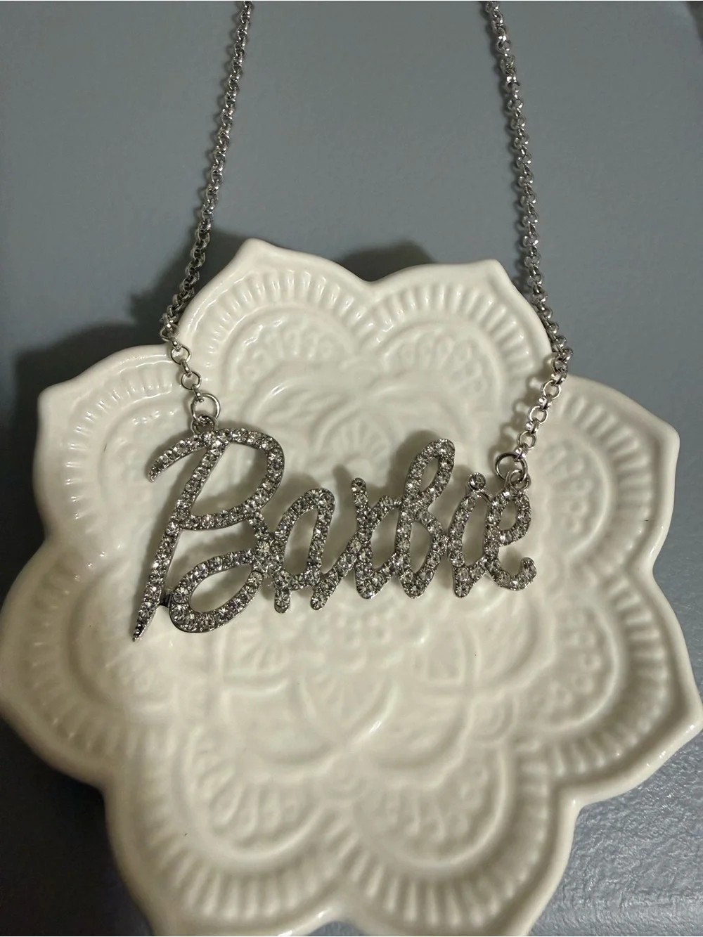 Women Silvery  Barbie Theme Bling Charm Thin Cubic Zirconia Cuban Chain Necklace